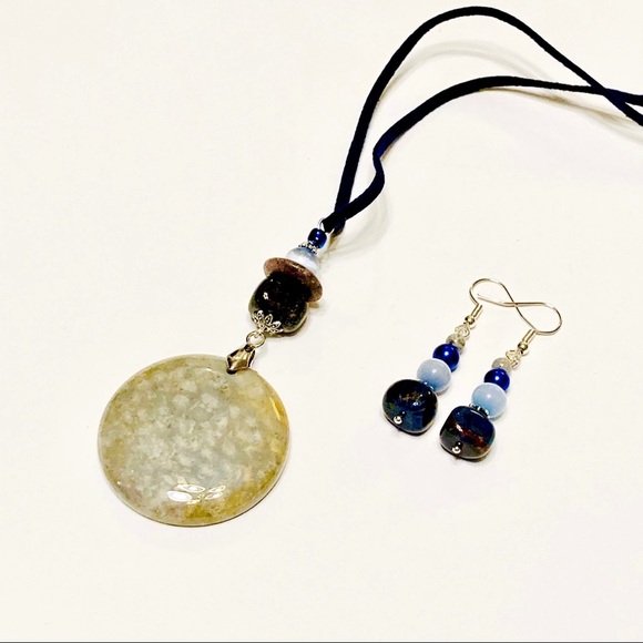 Navy Blue Brown & Gray Fossilized Coral Necklace & Matching Stone Earrings - Picture 4 of 14